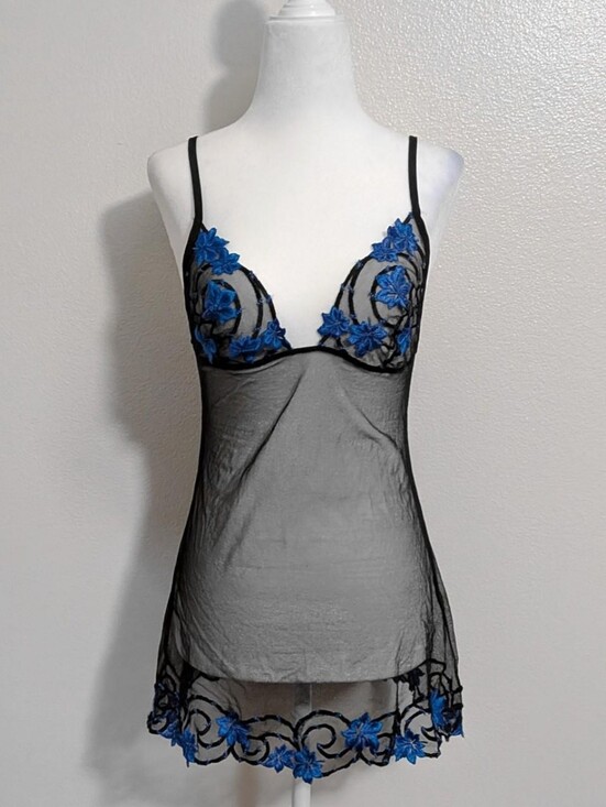 La Perla Dresses & Skirts - Vintage Marvel by La Perla Black Blue Floral Sheer Lingerie Slip Dress | Size 10